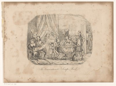 Interior con gente mirando las hojas del Libro de Recortes del Caricaturista
Portada de: Henry Heath, The Caricaturist