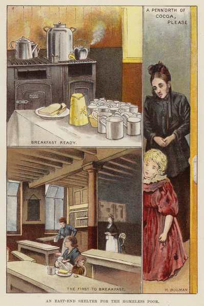 Refugio para los pobres sin hogar en el East End de Londres, finales del siglo XIX (chromolitho) de Henry Herbert Bulman