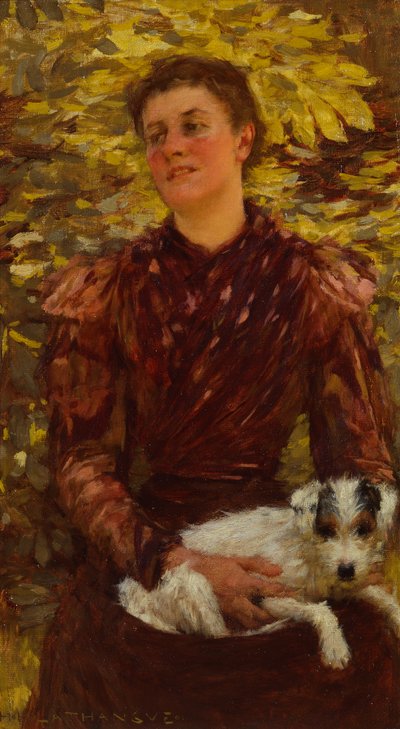 Chica joven con un perro (óleo sobre lienzo) de Henry Herbert La Thangue