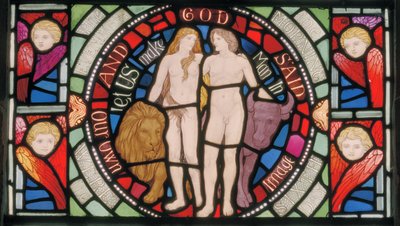 Adán y Eva, detalle de la ventana Benedicite de Henry Holiday
