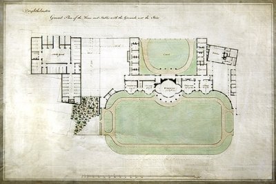 Brighthelmstone, o Pabellón de Brighton - plano general de la casa y establos con terrenos, mostrando la extensión por el arquitecto Henry Holland (1745-1806), c.1801 de Henry Holland