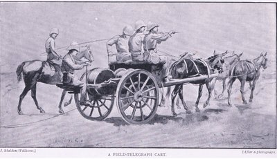 Un carro de telégrafo de campo, de Después de Pretoria: La Guerra de Guerrillas publicado por Harmsworth Bros Limited, 1901 de Henry Inglis Jodrel Sheldon Williams