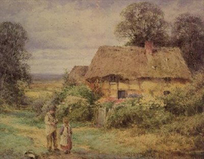 Casa de campo con techo de paja en verano de Henry John Sylvester Stannard
