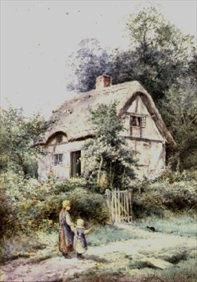 Dos niñas y un gatito junto a una cabaña de paja de Henry John Sylvester Stannard