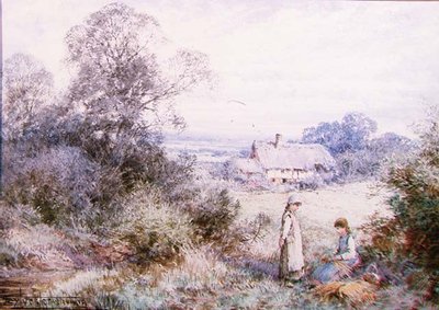 Dos niñas jugando junto a un prado de Henry John Sylvester Stannard