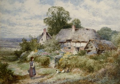 Niña alimentando a los pollos fuera de una casa de campo de Henry John Sylvester Stannard