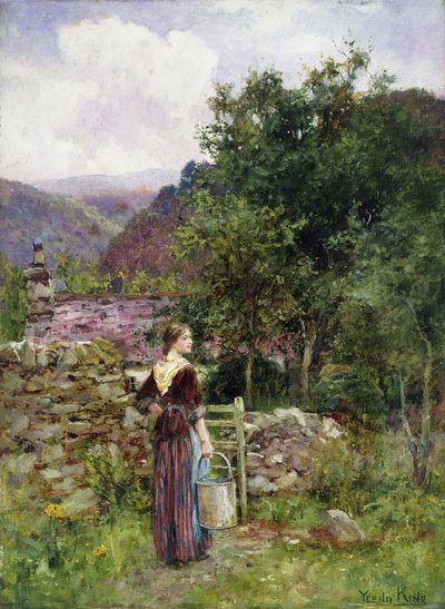 Una joven de pie fuera de una cabaña sosteniendo un cubo de Henry John Yeend King