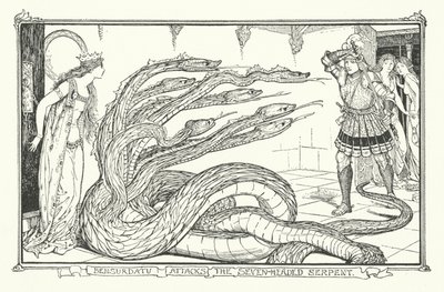 Bensurdatu ataca a la serpiente de siete cabezas (grabado) de Henry Justice Ford