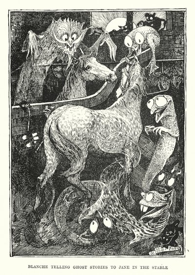 Blanche contando historias de fantasmas a Jane en el establo (grabado) de Henry Justice Ford