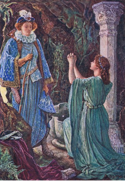 Elizabeth y Amy se encuentran en la gruta, ilustración de Kenilworth, c.1910 de Henry Justice Ford