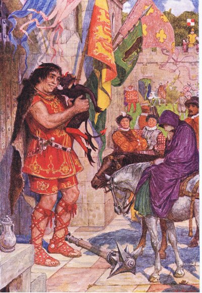 Flibbertibbet vestido como un diablo pacifica al gigante cuando Wayland lleva a Amy al Castillo de Kenilworth, ilustración de Kenilworth, c.1910 de Henry Justice Ford