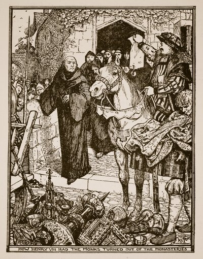 Cómo Enrique VIII expulsó a los monjes de los monasterios, ilustración de 