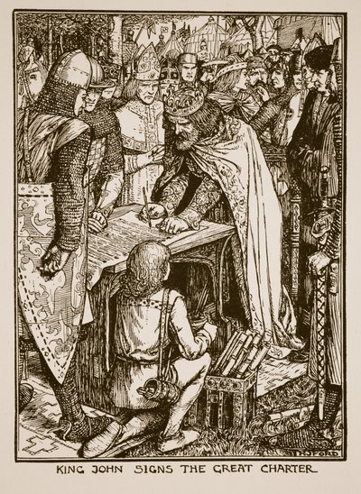 El Rey Juan firma la Gran Carta, ilustración de 