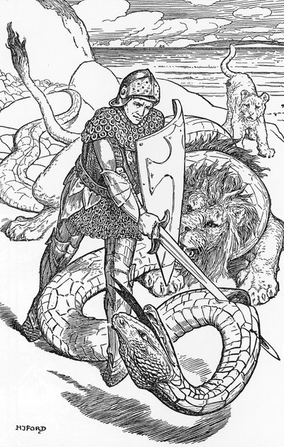 Percival lucha contra la serpiente Ilustración de HJ Ford (1860-1940) de "The book of romance" 1902 Colección particular de Henry Justice Ford