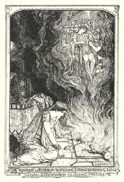La Reina Althea observa el tronco ardiendo mientras Meleagro muere afuera de Henry Justice Ford