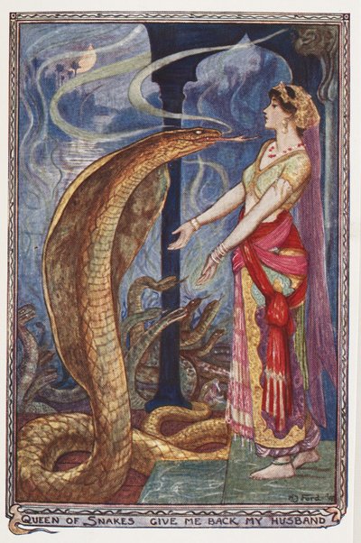 Reina de las Serpientes, Devuélveme a mi esposo, ilustración de The Olive Fairy Book, por Andrew Laing, 1907 de Henry Justice Ford