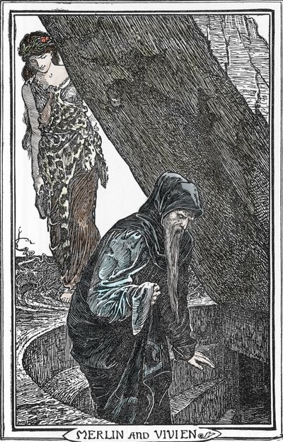 Representación de Merlín el Encantador y Fee Viviane (Merlín y Vivien) Ilustración de Henry Justice (HJ) Ford (1860-1941) de "The book of romance" 1902 Collection privee de Henry Justice Ford