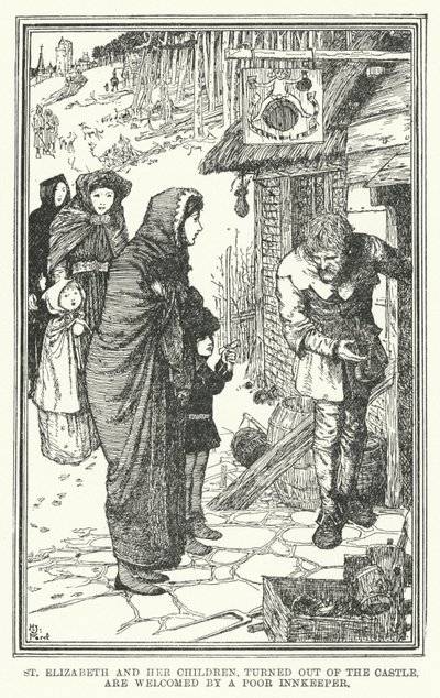 Santa Isabel y sus hijos, expulsados del castillo, son recibidos por un pobre posadero de Henry Justice Ford