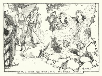 Los circasianos bailan en el jardín del Bassa (grabado) de Henry Justice Ford