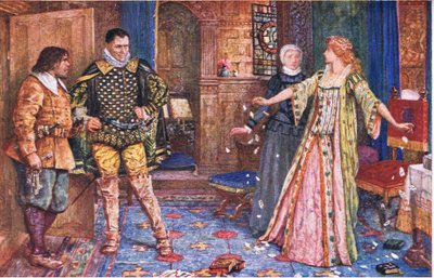 La condesa de Leicester rompe la carta de su esposo en presencia de Varney y Foster, ilustración de Kenilworth, c.1910 de Henry Justice Ford