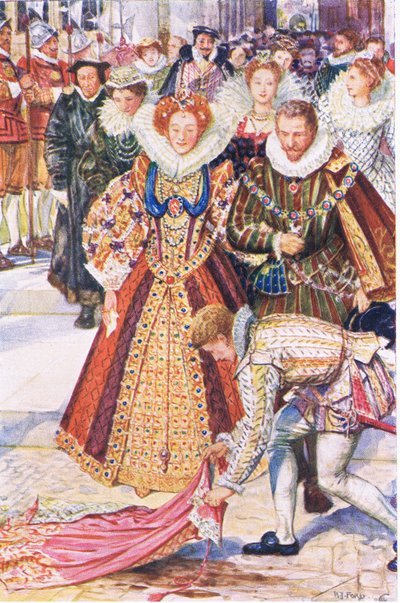 Walter Raleigh sacrifica su capa por la reina Elizabeth, ilustración de Kenilworth, c.1910 de Henry Justice Ford