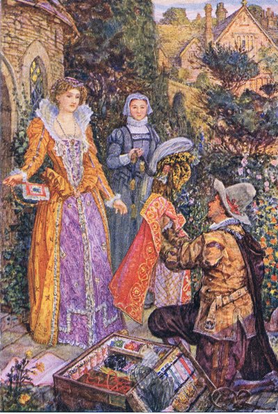 Wayland hace el papel de un vendedor ambulante en el jardín, ilustración de Kenilworth, c.1910 de Henry Justice Ford