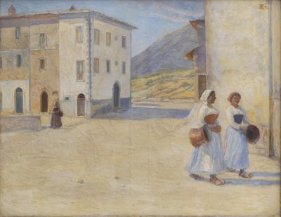 Chicas camino al pozo por agua al mediodía. Civitá d