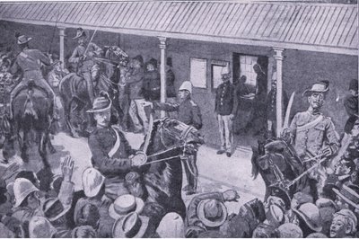 Refuerzos coloniales para Sudáfrica: Una avalancha de solicitantes para enrolarse en Sídney, de Después de Pretoria: La Guerra de Guerrillas publicado por Harmsworth Bros Limited, 1901 de Henry Marriott Paget