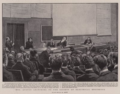 La Sra. Ayrton dando una conferencia a la Sociedad de Ingenieros Eléctricos de Henry Marriott Paget