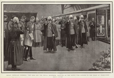Funeral de la Reina Victoria, el Rey y los dolientes reales saludando mientras el ataúd era llevado al tren en Paddington de Henry Marriott Paget