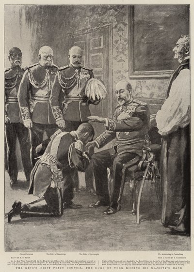 El primer consejo privado del rey, el duque de York besando la mano de Su Majestad de Henry Marriott Paget