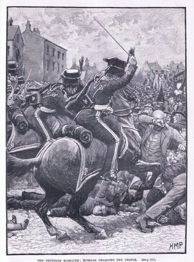 La masacre de Peterloo: Húsares cargando contra el pueblo AD 1819 de Henry Marriott Paget