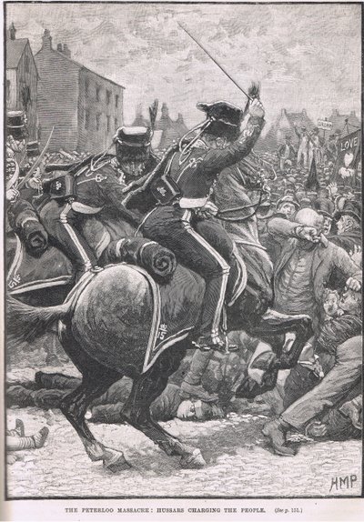La masacre de Peterloo con los Húsares cargando contra la gente, ilustración de 