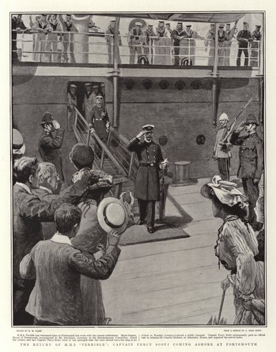 El regreso del H M S Terrible, el Capitán Percy Scott desembarcando en Portsmouth de Henry Marriott Paget