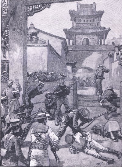 La guerra en China: La lucha en Tientsin, ilustración de la Historia de Inglaterra de Cassell, 1900s de Henry Marriott Paget