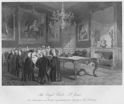 El Closet Real. - St. James. Los Arzobispos y Obispos felicitando a su Majestad en su cumpleaños de Henry Melville