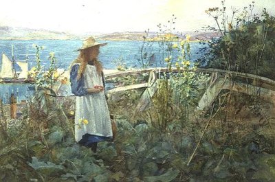 Una niña en un jardín junto al mar de Henry Meynell Rheam
