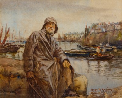 Pescador en el muro del puerto de Newlyn, 1920 de Henry Meynell Rheam