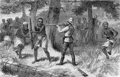 Nativos rebelándose a orillas del río Gombe, Tanzania, grabado de How I found Livingstone: travels, adventures and discoveries in Central Africa, de Henry Morton Stanley(1841-1904), edición de Sampson Low, Marston, Low y Searle, Londres. de Henry Morton Stanley