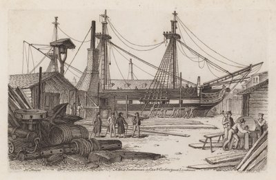 Un barco de las Indias Occidentales en el astillero de Cox y Curlins, Limehouse de Henry Moses