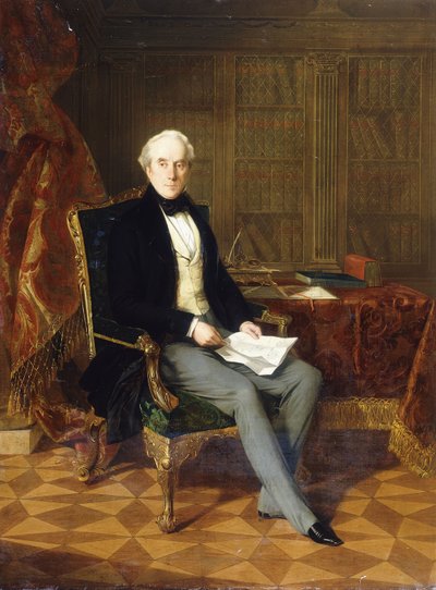 Retrato de Henry Pelham-Clinton, K.G., 4to Duque de Newcastle, sosteniendo un documento, en su estudio, 1850 de Henry Nelson ONeil