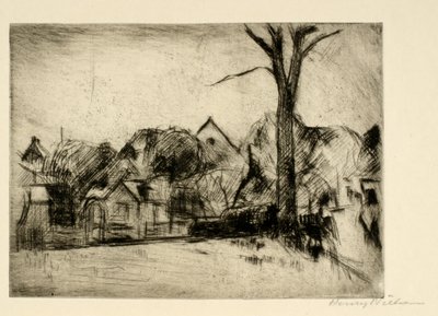 Paisaje con árbol alto y casas de Henry Nielsen