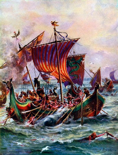 Las galeras de Alfredo atacando el barco dragón vikingo, 897 d.C., c. 1920 de Henry Payne
