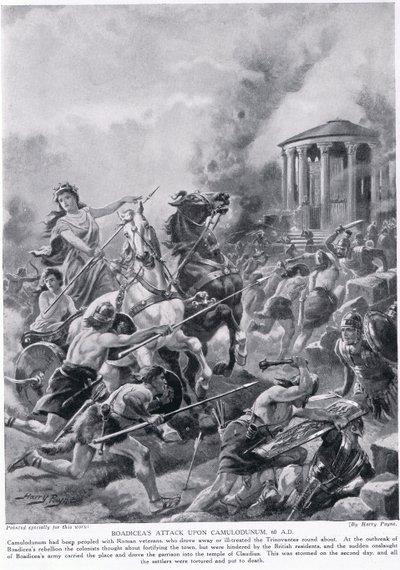 El ataque de Boadicea a Camulodunum, ilustración de 