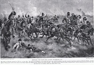 Llevando los cañones a la acción, Waterloo, ilustración de 