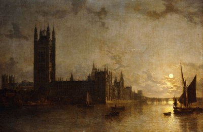Abadía de Westminster, las Casas del Parlamento con la construcción del Puente de Westminster, 1859 de Henry Pether