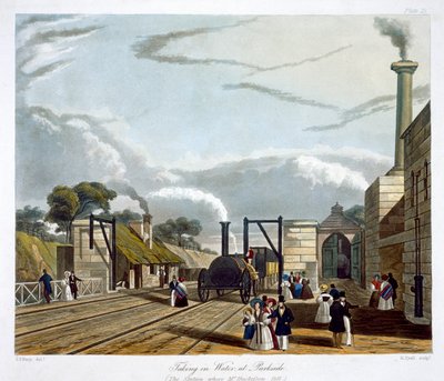 Tomando agua en Parkside, Ferrocarril de Liverpool y Manchester de Henry Pyall