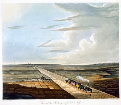 Vista del ferrocarril a través de Chat Moss, Ferrocarril de Liverpool y Manchester, 1833 de Henry Pyall