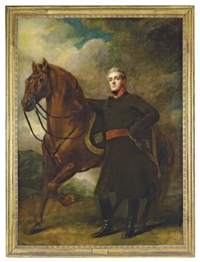 Retrato de Alexander Douglas-Hamilton, 10º Duque de Hamilton y 7º Duque de Brandon, de cuerpo entero, en uniforme, con su caballo árabe, en un paisaje de Henry Raeburn