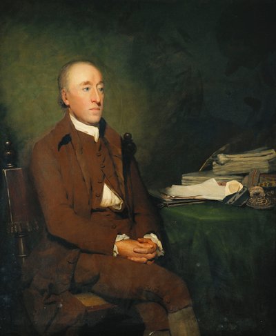 Retrato del Dr. James Hutton, sentado de tres cuartos con chaqueta y calzones marrones y corbata blanca, una pila de especímenes geológicos en la mesa junto a él de Henry Raeburn